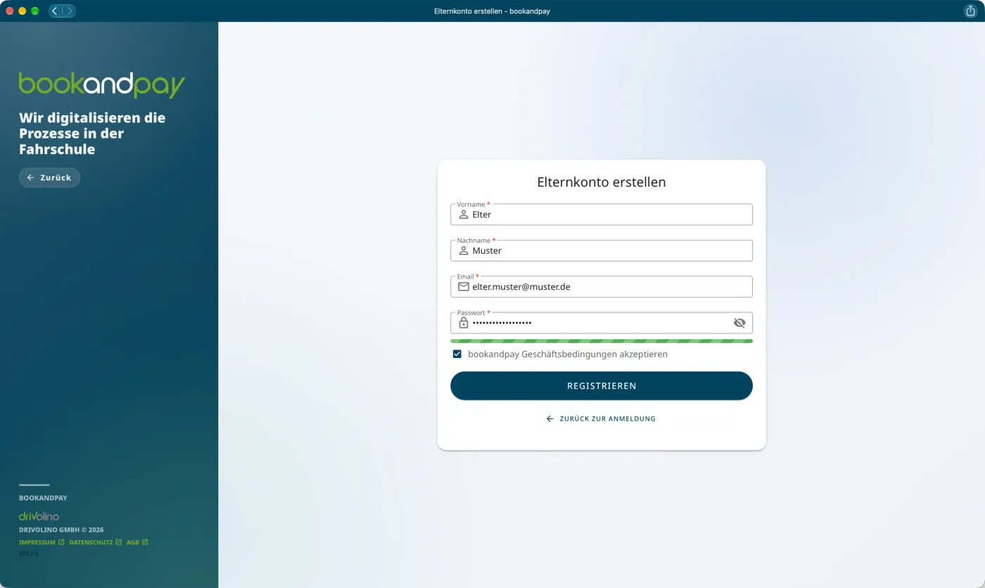 Formular „Elternkonto erstellen“ mit Vorname, Nachname, E-Mail, Passwort und Zustimmung zu den Geschäftsbedingungen