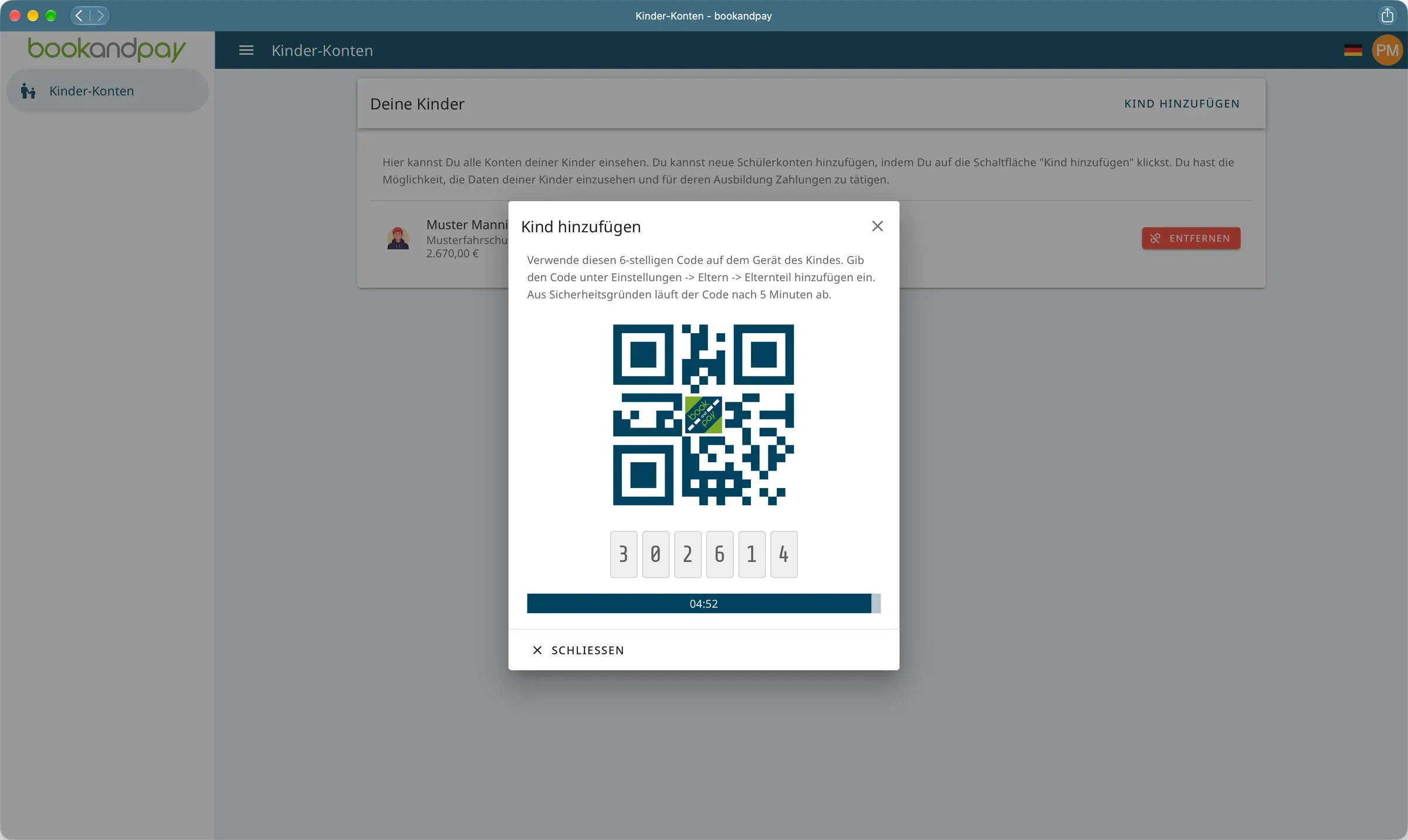 Dialog „Kind hinzufügen“ im Elternzugang mit QR-Code, sechsstelligem Code und Countdown