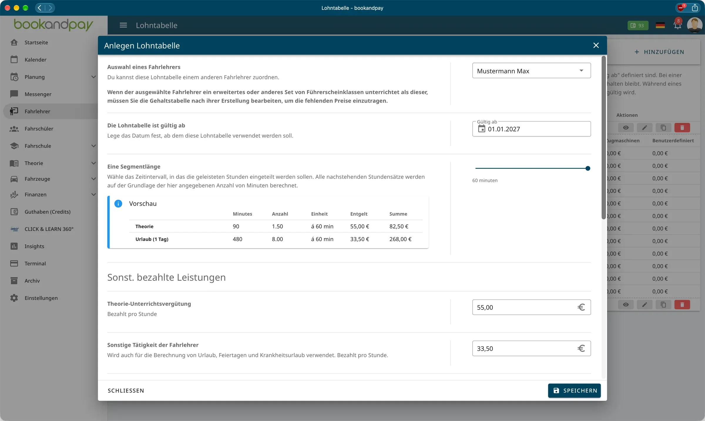 Dialog Anlegen Lohntabelle mit Fahrlehrer, Gültig-ab-Datum, Segmentlänge mit Vorschau sowie Theorie-Unterrichtsvergütung und sonstiger Tätigkeit