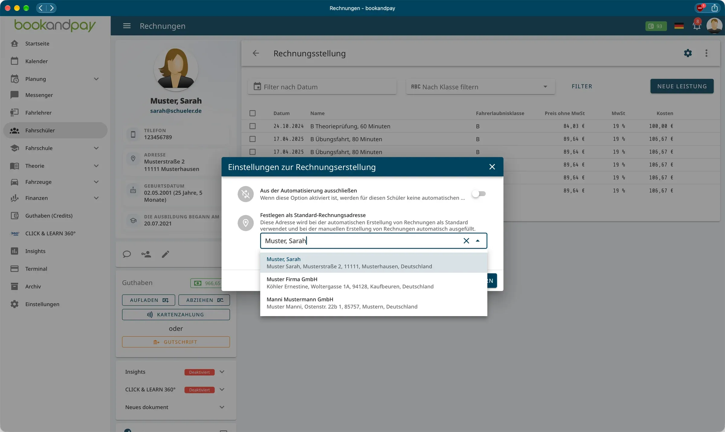 Dialog Einstellungen zur Rechnungserstellung im Fahrschülerprofil mit Schalter zum Ausschluss aus der Automatisierung und Auswahl einer Standard-Rechnungsadresse