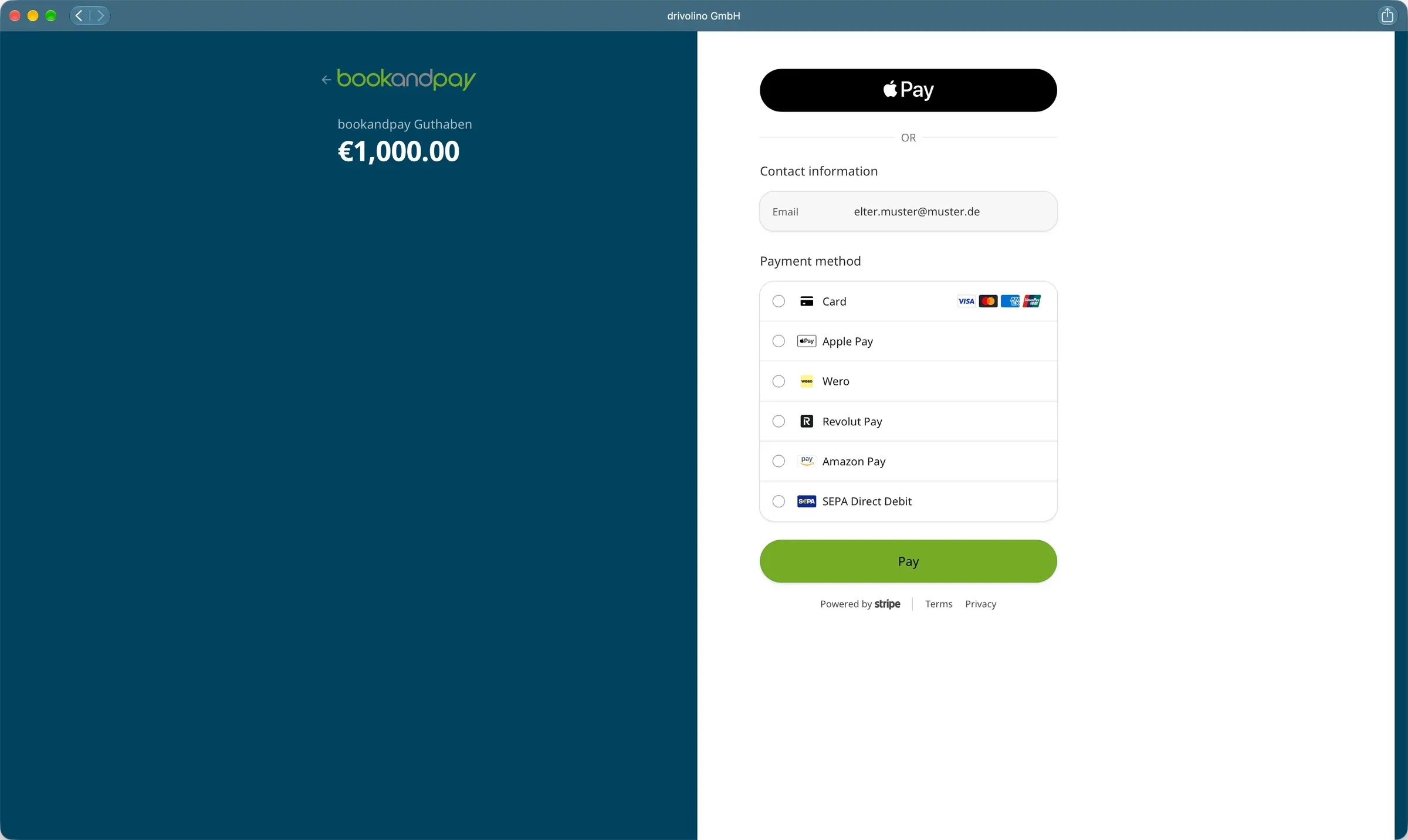Bezahlseite für bookandpay Guthaben über 1.000 Euro mit E-Mail-Adresse und Auswahl der Zahlungsarten Karte, Apple Pay, Wero, Revolut Pay, Amazon Pay und SEPA-Lastschrift