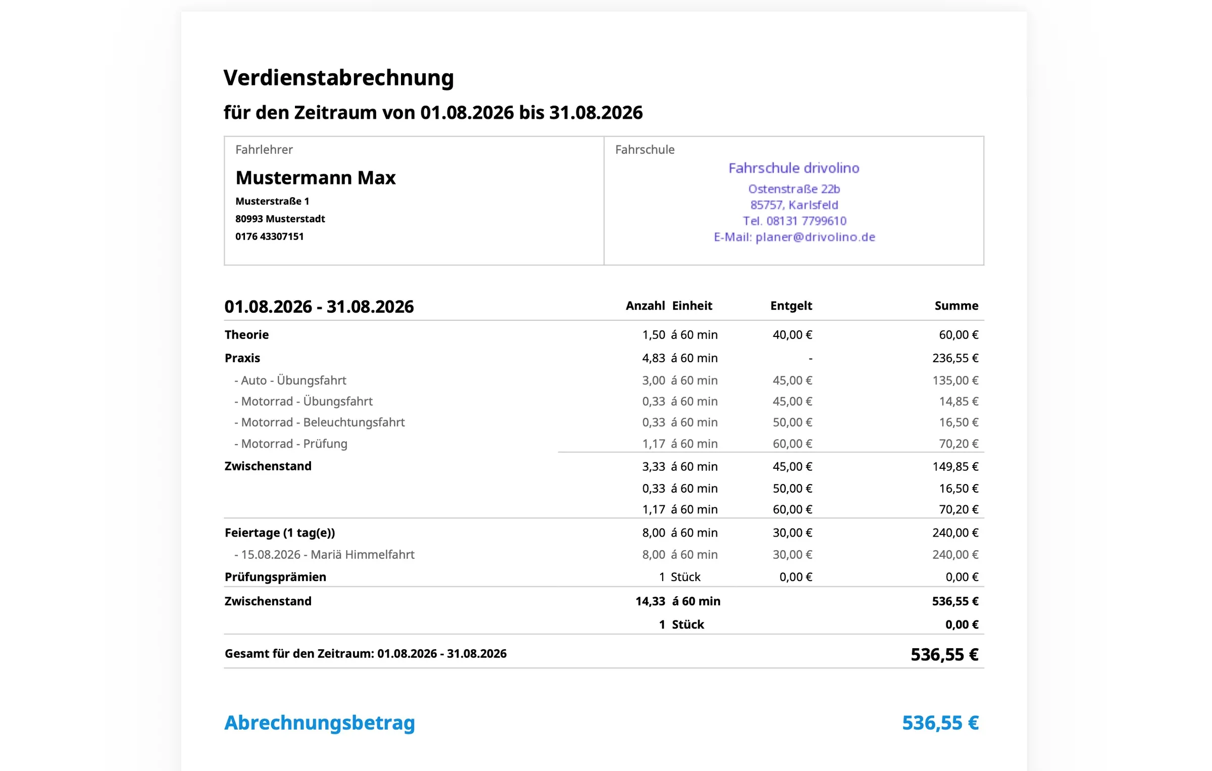 Verdienstabrechnung als PDF mit Fahrlehrer, Fahrschule, Zeitraum, Positionen für Theorie, Praxis, Feiertage und Prüfungsprämien mit Zwischenständen und dem Abrechnungsbetrag