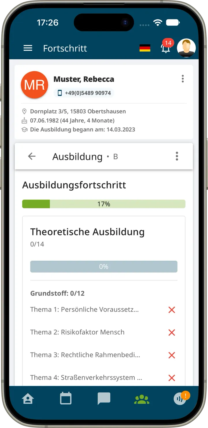 Ausbildungsfortschritt eines Fahrschülers der Klasse B mit Gesamtfortschritt und Themenliste der theoretischen Ausbildung
