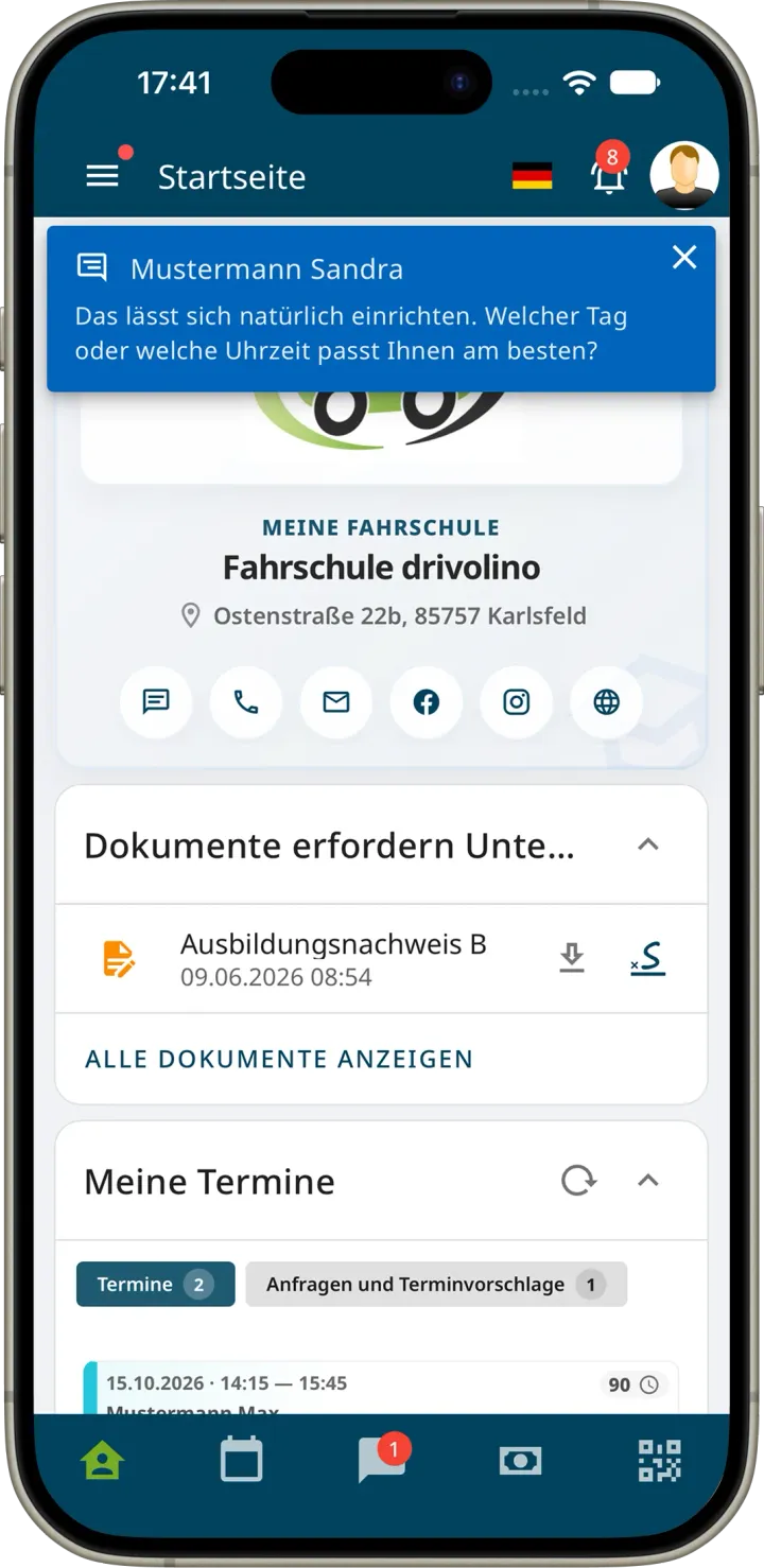Startseite der Fahrschüler-App mit eingeblendeter Nachricht eines Fahrlehrers und einem Termin sowie einem Terminvorschlag unter Meine Termine