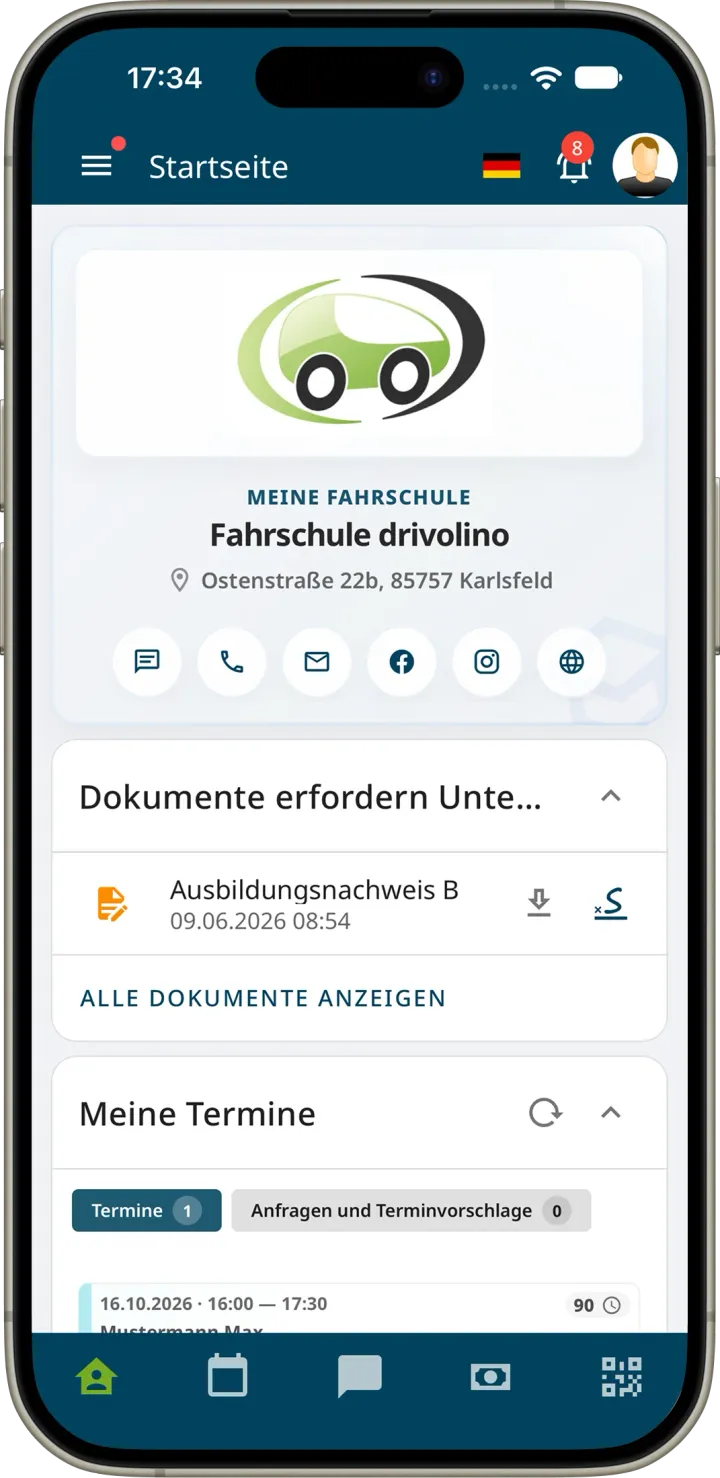 Startseite der Fahrschüler-App mit Fahrschulkarte und Kontaktschaltflächen, Widget Dokumente erfordern Unterschrift und Meine Termine mit Anfragen und Terminvorschlägen
