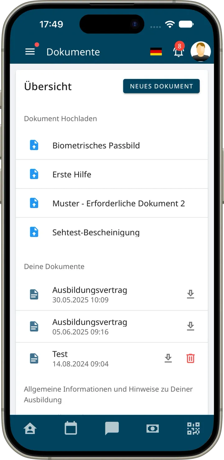 Dokumentenübersicht der Fahrschüler-App mit Liste der hochzuladenden Dokumente, eigenen Dokumenten wie dem Ausbildungsvertrag und Hinweisen der Fahrschule