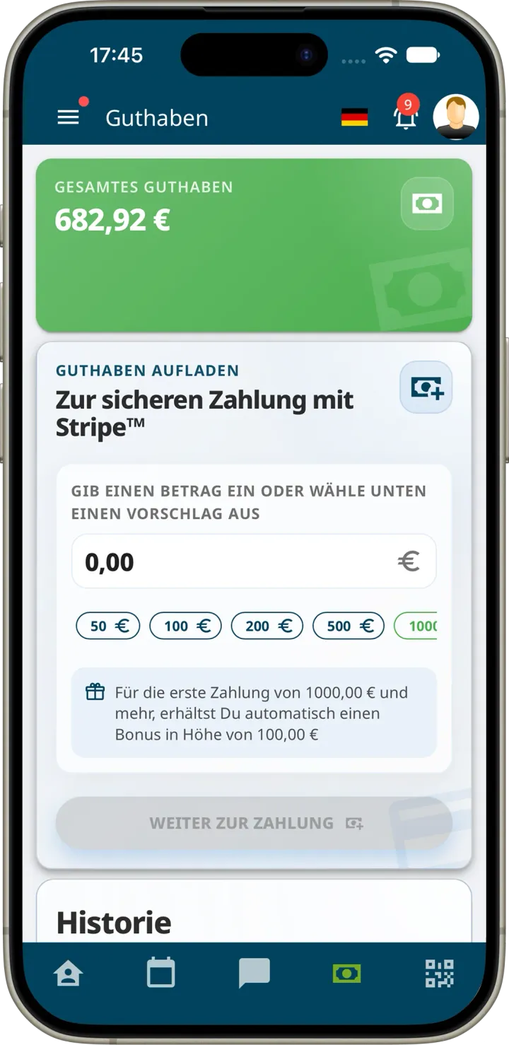 Guthaben der Fahrschüler-App mit gesamtem Guthaben, Betragsfeld zum Aufladen mit Vorschlägen, Hinweis zum Aufladebonus und Schaltfläche Weiter zur Zahlung