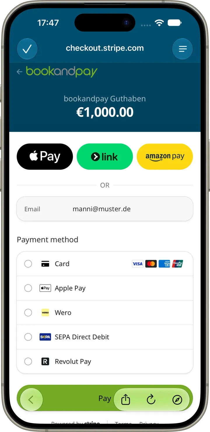 Bezahlseite von Stripe für bookandpay Guthaben mit Betrag und mehreren Zahlungsmethoden