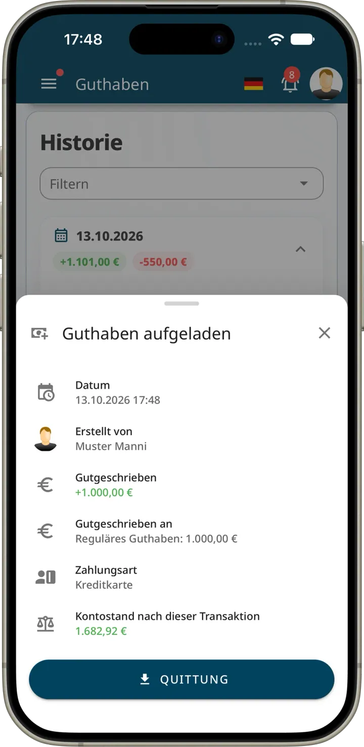 Details einer Aufladung mit Datum, Betrag, Zahlungsart Kreditkarte, Kontostand nach der Transaktion und der Schaltfläche Quittung